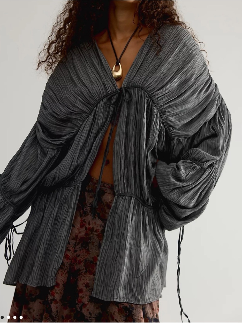 Free People Charcoal Crinkle Tie-Front Tunic Jacket